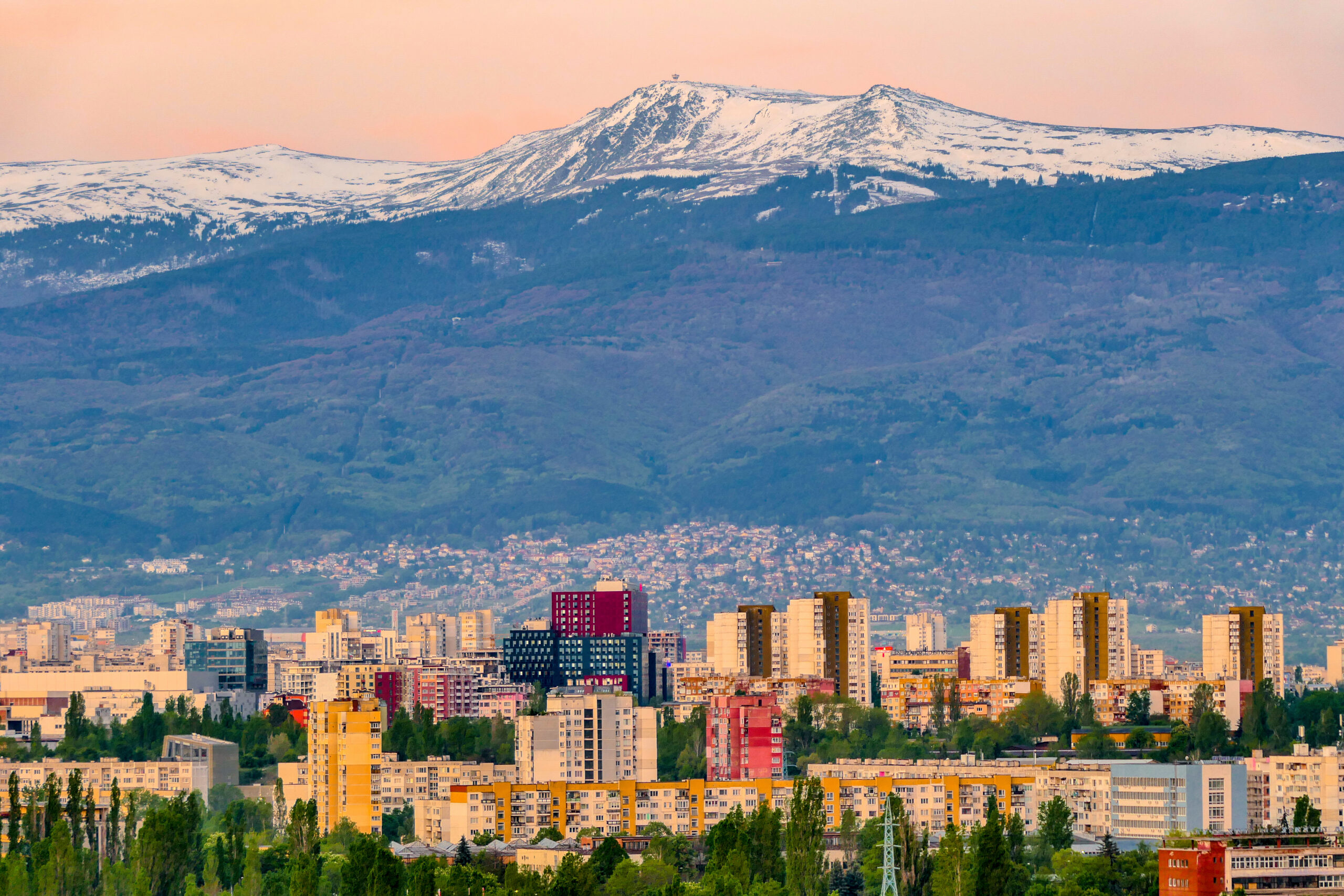 City skyline with snow covered mountain in the backdrop.