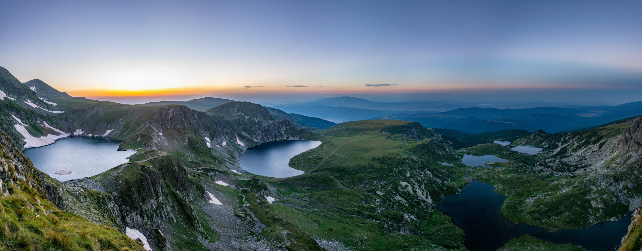 Sunrise aerial view of mountain lakes in Bulgaria.